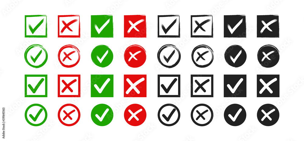 Green check mark and red cross icon big collection. Set of hand grawn ...