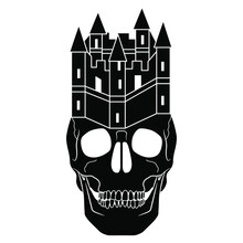 Human Skull With Medieval Castle As Royal Crown. Creative Concept. Haunted House. Black And White Silhouette.
