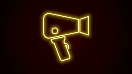 Sticker - Glowing neon line Hair dryer icon isolated on black background. Hairdryer sign. Hair drying symbol. Blowing hot air. 4K Video motion graphic animation