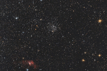 Wall Mural - closeup of messier 52 open cluster with the bubble nebula at bottom left, all two in cassiopeia cons