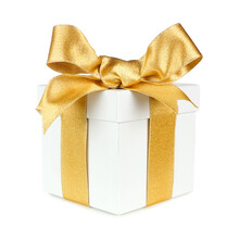 White Gift Box Wrapped With Shiny Gold Ribbon And Bow Isolated On A White Background