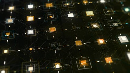 Poster - High tech computer circuit board with many signals flowing fast on black background. Animation. Animation. Abstract microcircuit with colorful square shaped pulsating details.