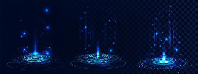 Futuristic hologram podium for show and presentation. HUD portal for UI, GUI and sky-fi digital projects. VR magic circle teleport podium. FUI elements. Technology vector hologram collection