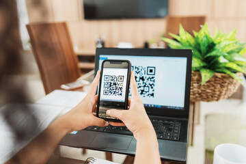 New form of payment of bills and bills in Brazil. Woman holding cell phone with pix app with QR-Code, x close-up of the screen.