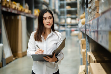 Wall Mural - woman worker holding clipboard and checking inventory in the warehouse store