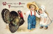 Two Children Feeding A Turkey Corn. Vintage Thanksgiving Theme Postcard, Restored Artwork, Color, Details Enhanced. Festive Autumn Illustrations From The Past.