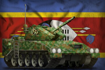 light tank apc with summer camouflage on the Swaziland national flag background. 3d Illustration