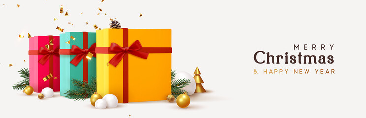 Wall Mural - christmas banner. background xmas design of realistic gift box, festive decoration objects 3d bauble