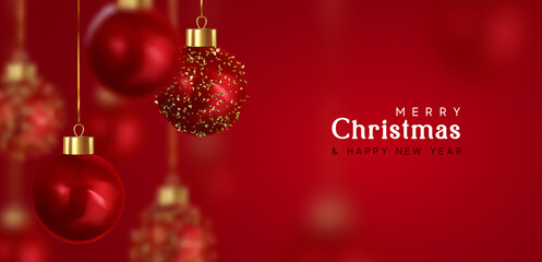 Wall Mural - christmas balls. happy new year and merry christmas. background with realistic 3d red xmas bauble ba