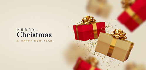 Wall Mural - christmas gift box. happy new year and merry christmas. background with realistic 3d red and beige x