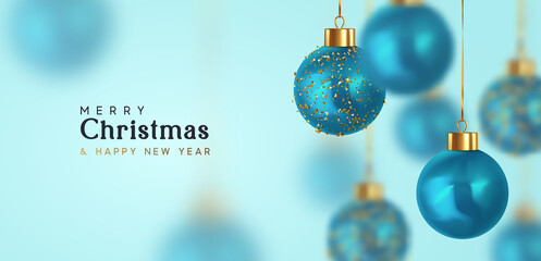Wall Mural - christmas balls. happy new year and merry christmas. background with realistic 3d blue xmas bauble b