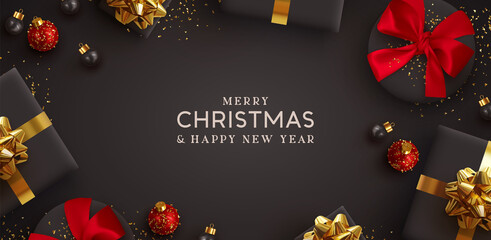 Poster - Merry Christmas and Happy New Year. Background Xmas design of realistic gifts box, 3d bauble balls, glitter gold confetti. Christmas poster, greeting cards. Flat lay, top view. Holiday composition