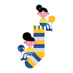 Sticker - little kids couple in sock with colors stripes and balloon helium