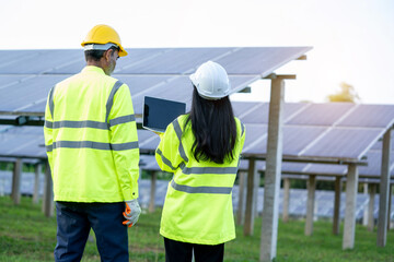 Poster - Engineers with architects examining solar power plant,Solar station development concept.