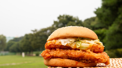 Close up image of huge chicken burger with nature background