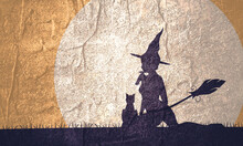 Halloween Holiday Background. Sitting Witch With Broomstick, Cat And Raven