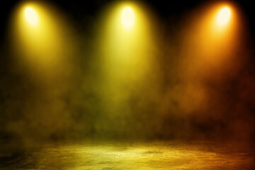 Empty space of Studio dark room concrete floor grunge texture background with golden lighting effect and smoke in background.