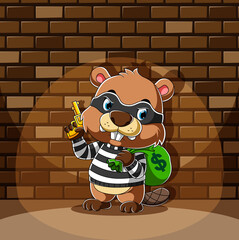 Beaver standing and holding a bag of money with the yellow gun