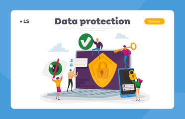 Poster - Privacy Data Protection, Internet Virtual Private Network Landing Page Template. Tiny Characters around of Huge Laptop