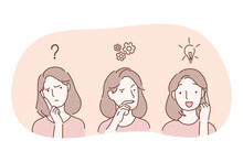 Insight, Thinking And Having Great Innovative Idea Concept. Face Of Young Woman Cartoon Character Thinking, Having Deep Thoughts With Frustration And Then Feeling Enlightened With Great Idea In Mind 