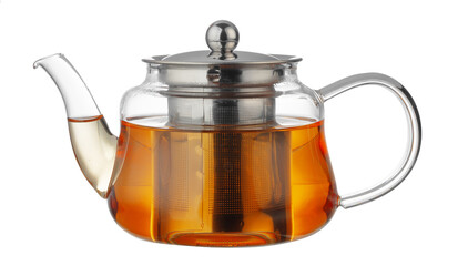 Glass teapot with black tea isolated on white