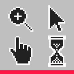 Leinwandbilder - Black and white arrow, hand, magnifier and hourglass pixel mouse cursor icons vector illustration set flat style design isolated on white background.