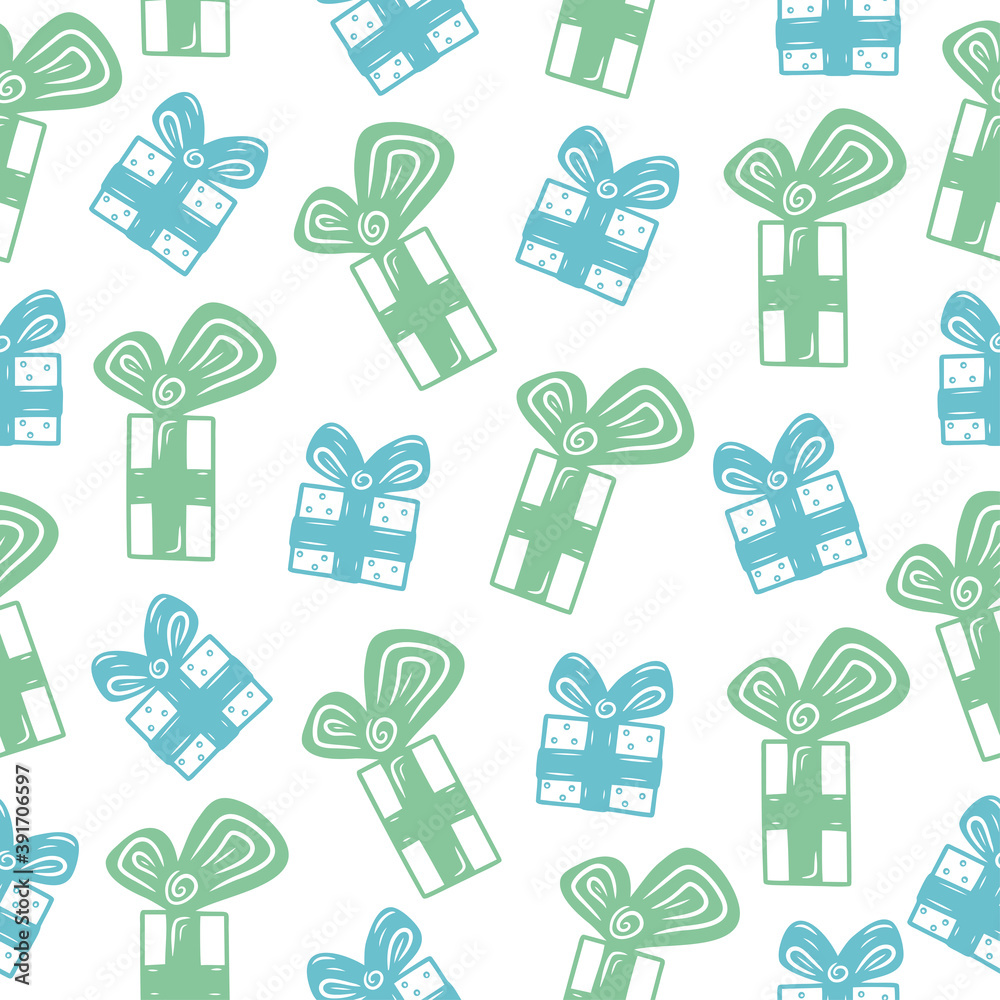 Seamless pattern with hand drawn gift boxes with a bow on a light ...