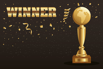 Wall Mural - winner trophy earth planet golden with word and confetti