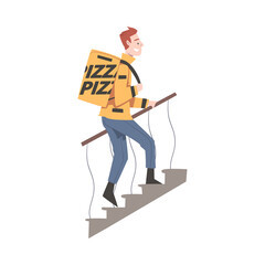 Sticker - Delivery Man with Parcel Box Climbing Up Stairs, Pizza Delivery Service Cartoon Style Vector Illustration