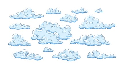 Poster - Collection of fluffy clouds of different shapes and sizes. Set of curly hand drawn cumulus isolated on white background. Beautiful sky view. Vector illustration