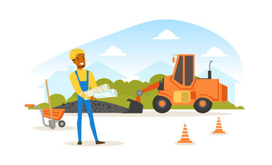 Sticker - Asphalt Road Construction and Repair, Heavy Construction Machine and Engineer in Hard Hat Standing with Architectural Plan Blueprints Rolls Vector Illustration