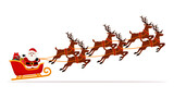 Fototapeta Pokój dzieciecy - Santa Claus flying in sleigh with gifts and reindeer. Christmas and New Year celebration