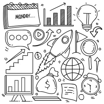 Set of business theme in doodle style isolated on white background, Vector hand drawn set business theme. Vector illustration