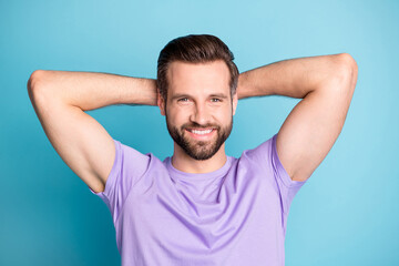 Poster - Top above high angle view photo of young man positive smile enjoy break pause relax arms behind head isolated over blue color background