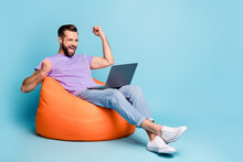 Full Length Body Size Photo Of Bearded Freelancer Gesturing Like Winner Laptop Isolated On Vibrant Blue Color Background