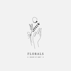 Wall Mural - Vector abstract logo design template - hands with flowers and butterfly. Trendy linear minimal style, icon for cosmetics, beauty and handmade products