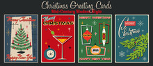 Christmas Greeting Cards Mid Century Modern Style, Season's Greetings, Christmas Tree, Decorations, Cocktail Glass, Spruce Branches