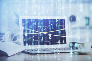 Aufkleber - Double exposure of desktop computer and technology theme hologram. Concept of software development.