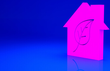 Sticker - Pink Eco friendly house icon isolated on blue background. Eco house with leaf. Minimalism concept. 3d illustration 3D render.