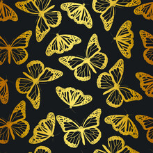 Seamless Vector Golden Silhouette Of  Butterflies Pattern/ Black And Gold Butterfly Background