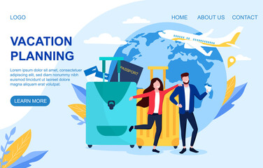 Poster - Vacation planning abstract concept. Flat cartoon vector illustration with fictional characters. Website, webpage, or landing page template
