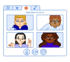 Illustration of an online meeting of 4 different people on white background. Cartoon style