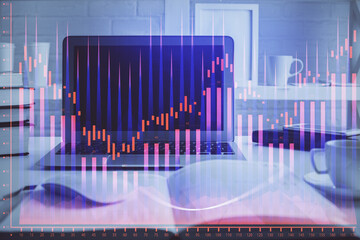 Forex market chart hologram and personal computer background. Double exposure. Concept of investment.