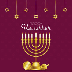 Poster - happy hanukkah celebration card with golden chandelier and stars hanging