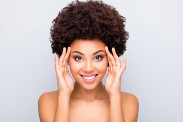 Close-up portrait of her she nice attractive cheerful glad wavy-haired girl touching forehead laser peeling pure clean clear silky shine skin isolated on light white gray color pastel background