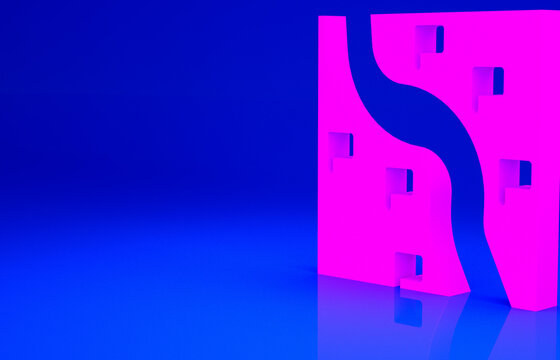 Pink Route location icon isolated on blue background. Train line path of train road route with start point GPS and dash line. Minimalism concept. 3d illustration 3D render.