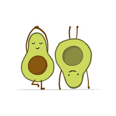 Sticker - Funny Avocado cartoon characters doing Yoga. Isolated on white