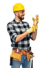 profession, construction and building - happy smiling male worker or builder in helmet and gloves over white background