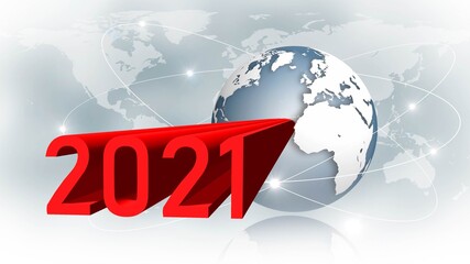 Poster - Year change 2021 - abstract 3D text illustration with red year digits - earth globe in front of world map background and satellite rings