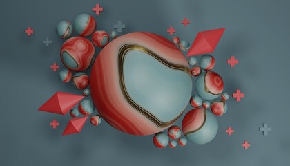 Poster - cluster of abstract marbled spheres and spindles. 3d render / rendering.
